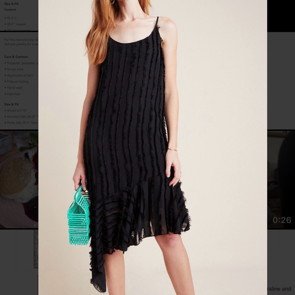 Eri+Ali Anthropologie Black Asymmetrical Fringed Slip Dress